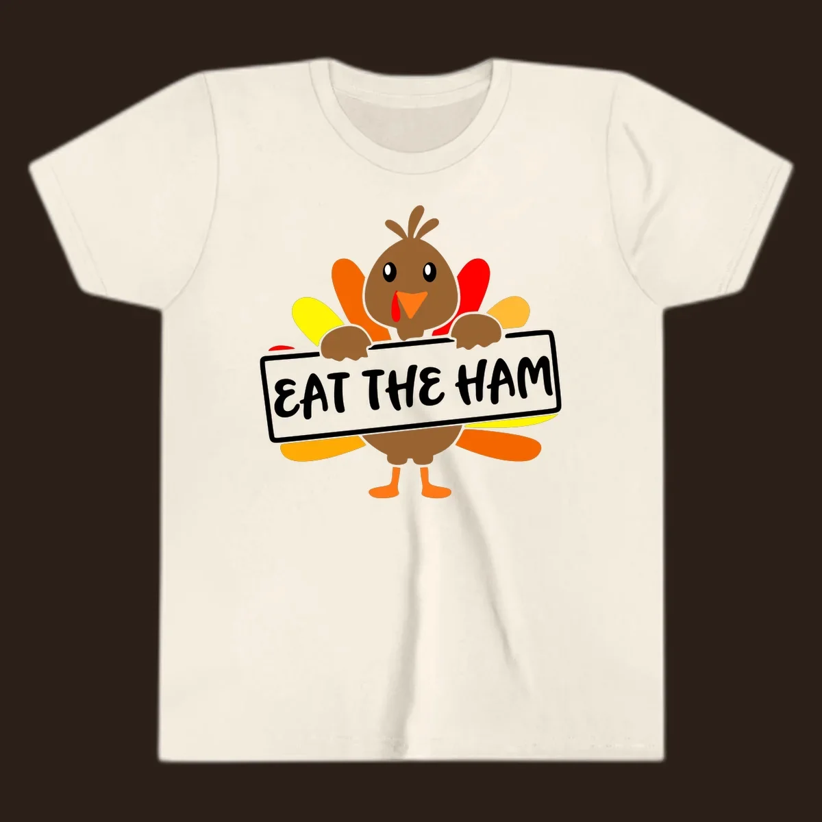 Cartoon turkey holding a sign that says EAT THE HAM, thanksgiving holiday.