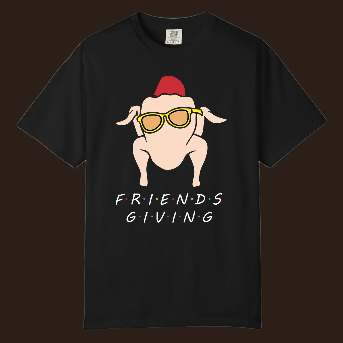 Friendsgiving turkey wearing sunglasses with text, friendsgiving-turkey-sunglasses