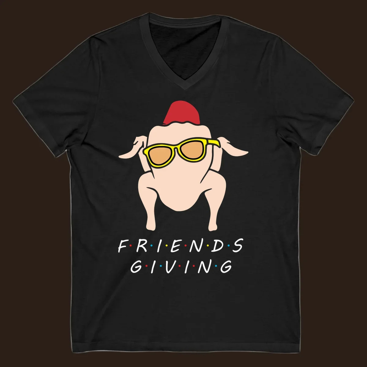 Friendsgiving turkey wearing sunglasses with text, friendsgiving-turkey-sunglasses