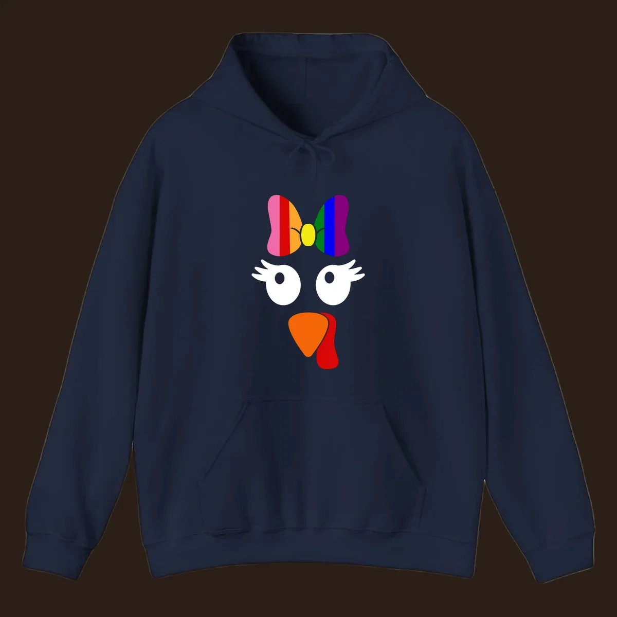 Rainbow turkey face with a bow, graphic for Thanksgiving.