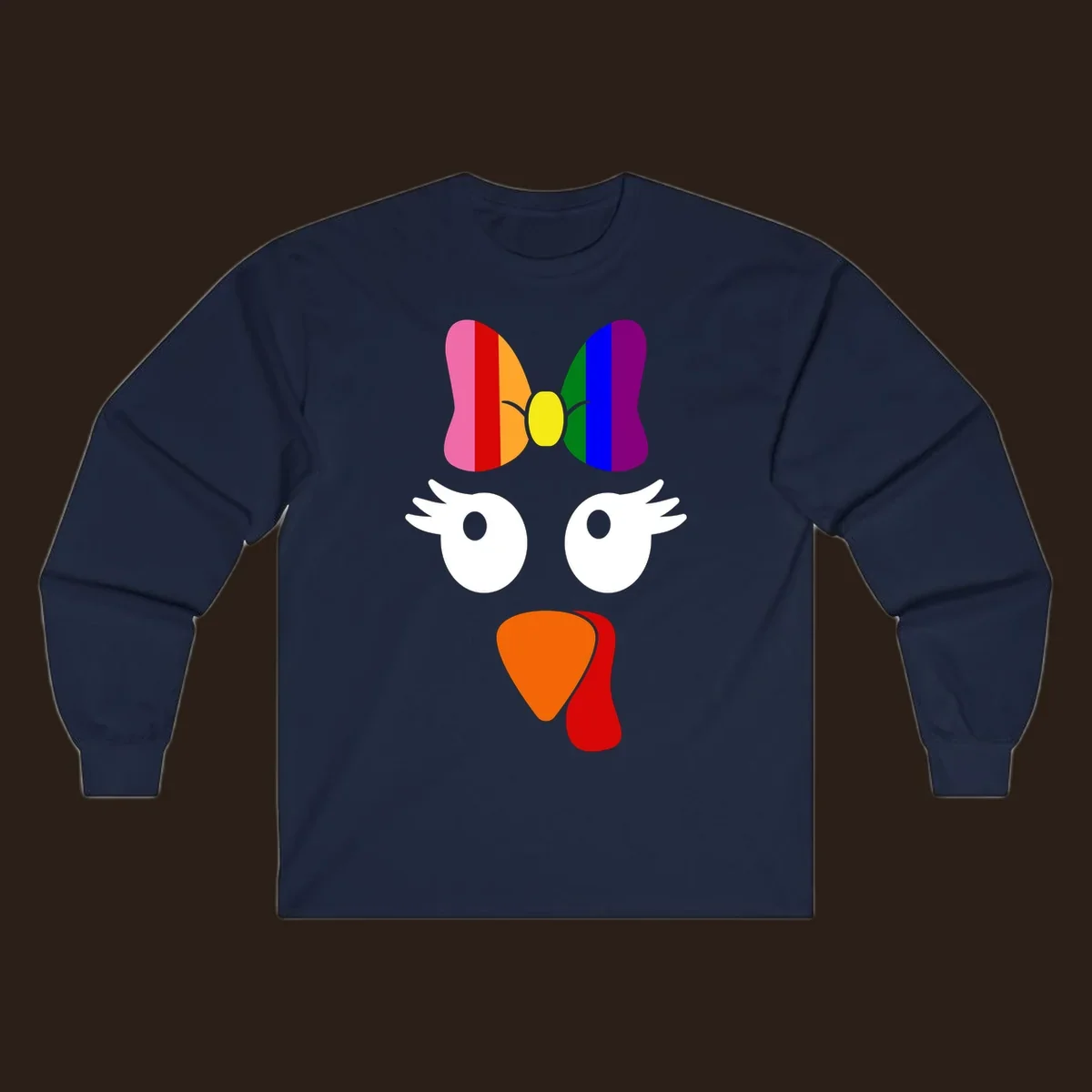 Rainbow turkey face with a bow, graphic for Thanksgiving.