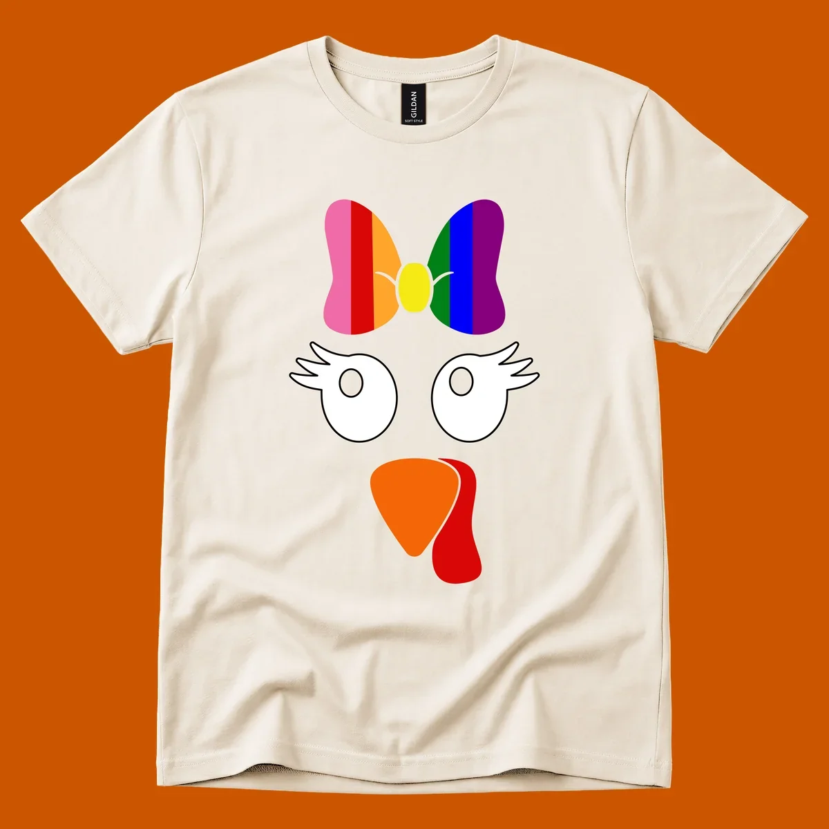 Rainbow turkey face with a bow, graphic for Thanksgiving.