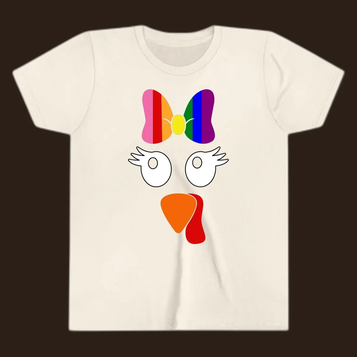 Rainbow turkey face with a bow, graphic for Thanksgiving.