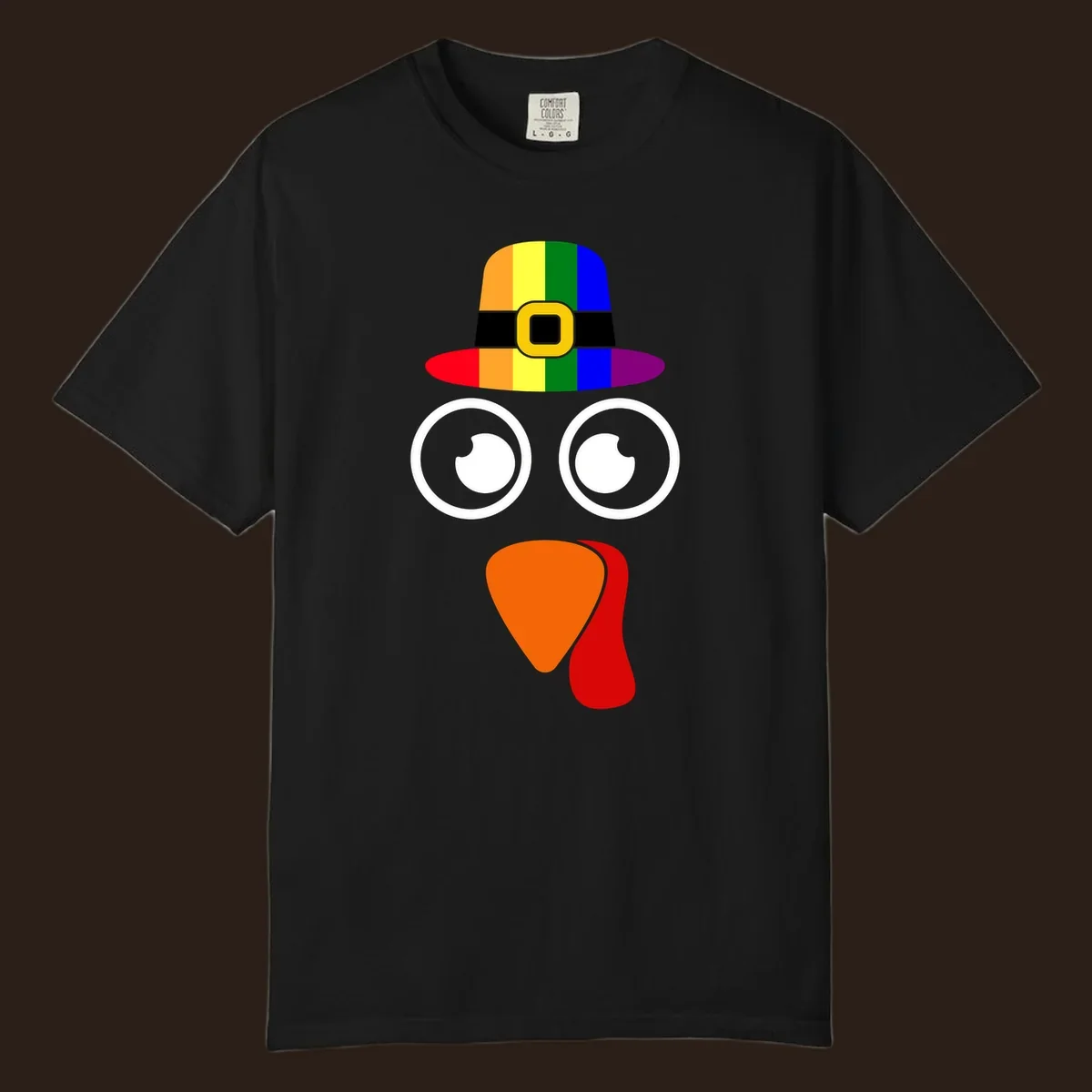 Rainbow turkey face with pilgrim hat, Thanksgiving graphic.