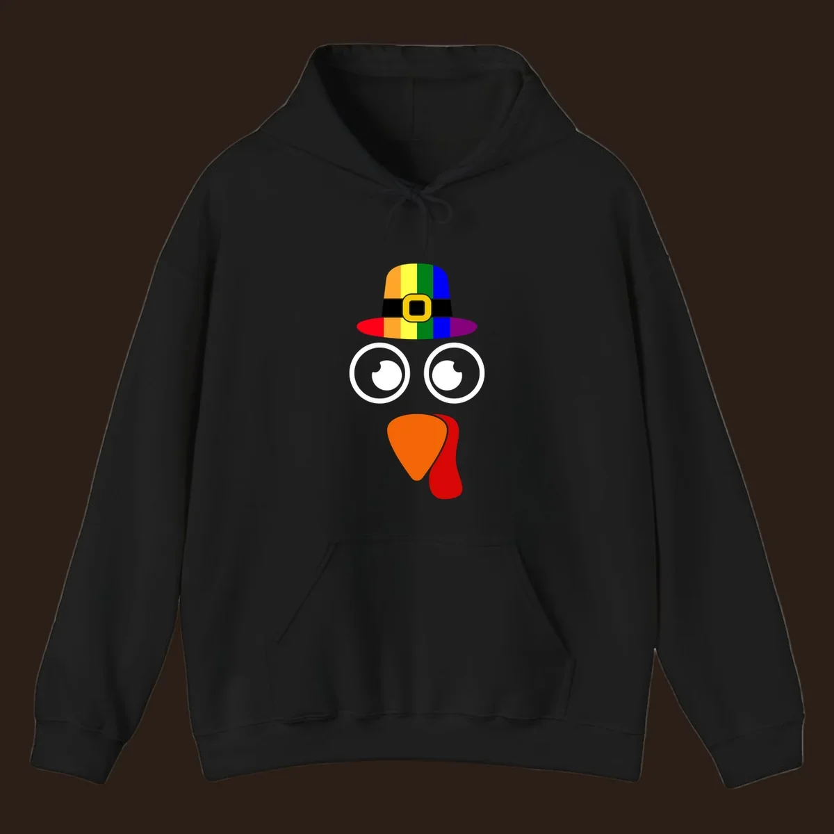 Rainbow turkey face with pilgrim hat, Thanksgiving graphic.