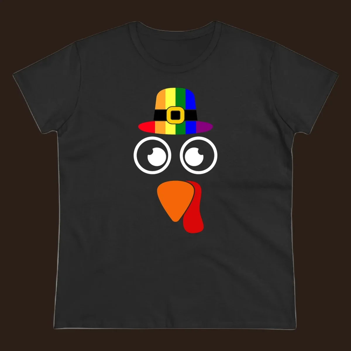 Rainbow turkey face with pilgrim hat, Thanksgiving graphic.