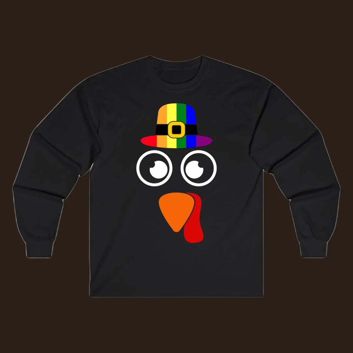 Rainbow turkey face with pilgrim hat, Thanksgiving graphic.