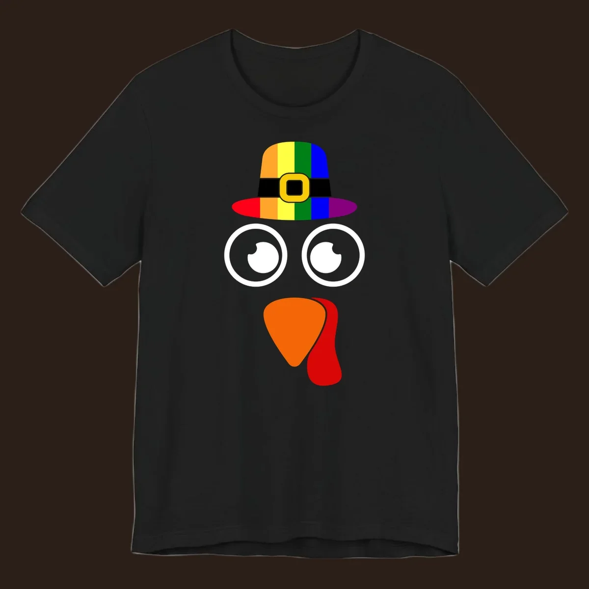 Rainbow turkey face with pilgrim hat, Thanksgiving graphic.