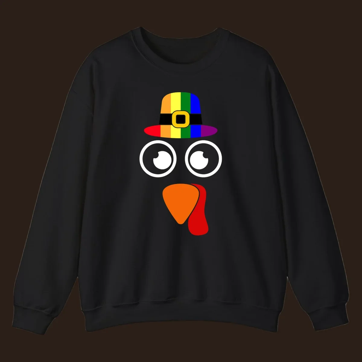 Rainbow turkey face with pilgrim hat, Thanksgiving graphic.