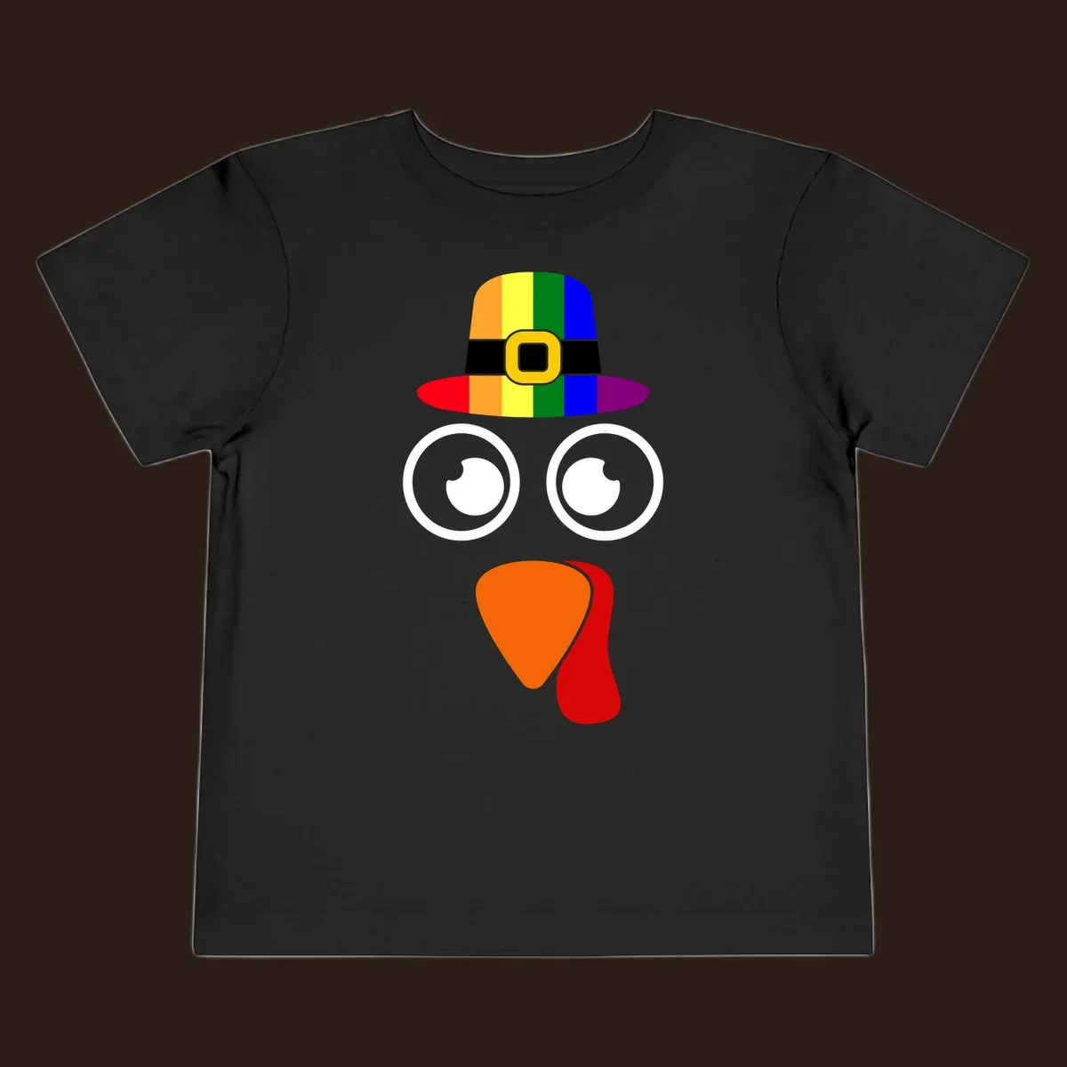Rainbow turkey face with pilgrim hat, Thanksgiving graphic.
