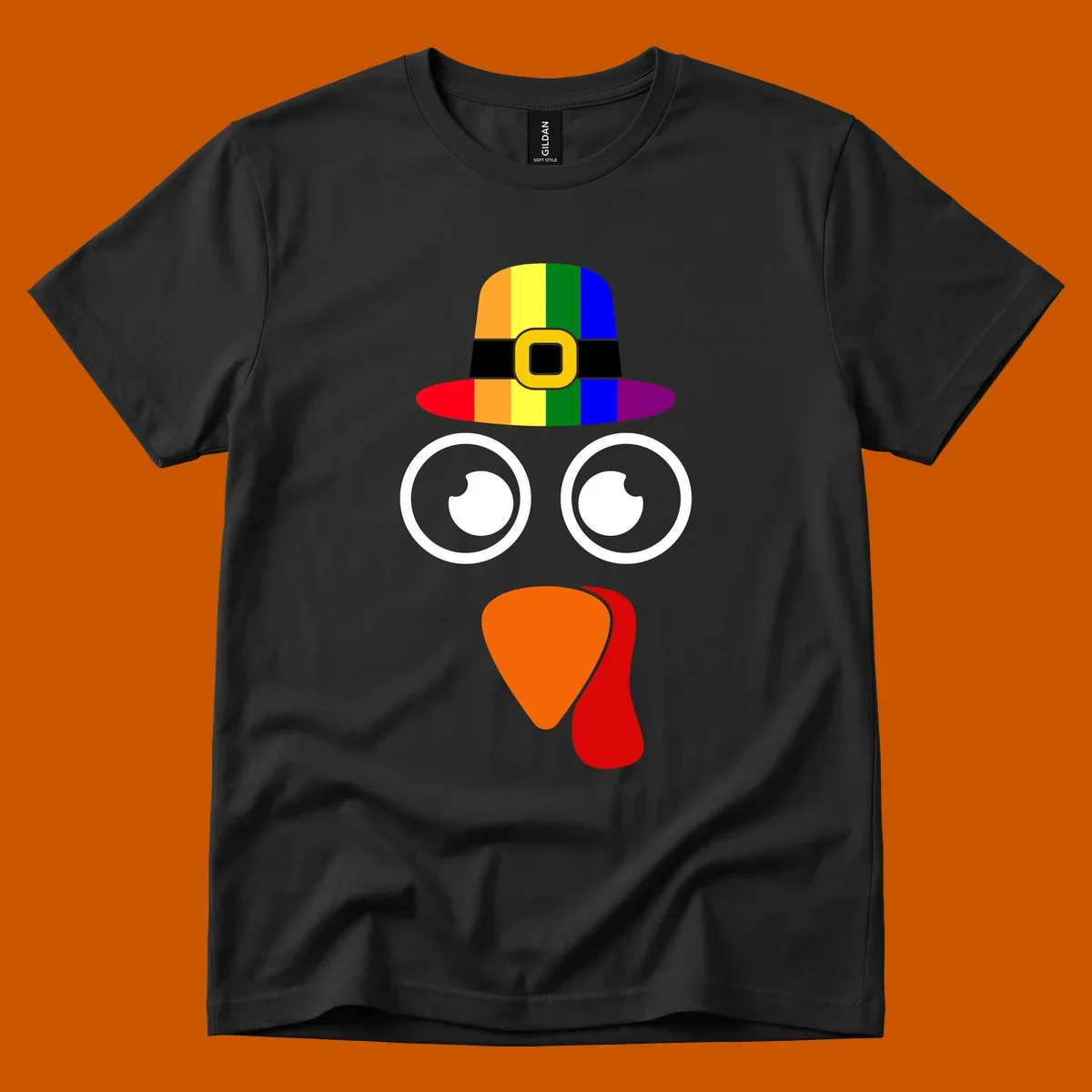 Rainbow turkey face with pilgrim hat, Thanksgiving graphic.