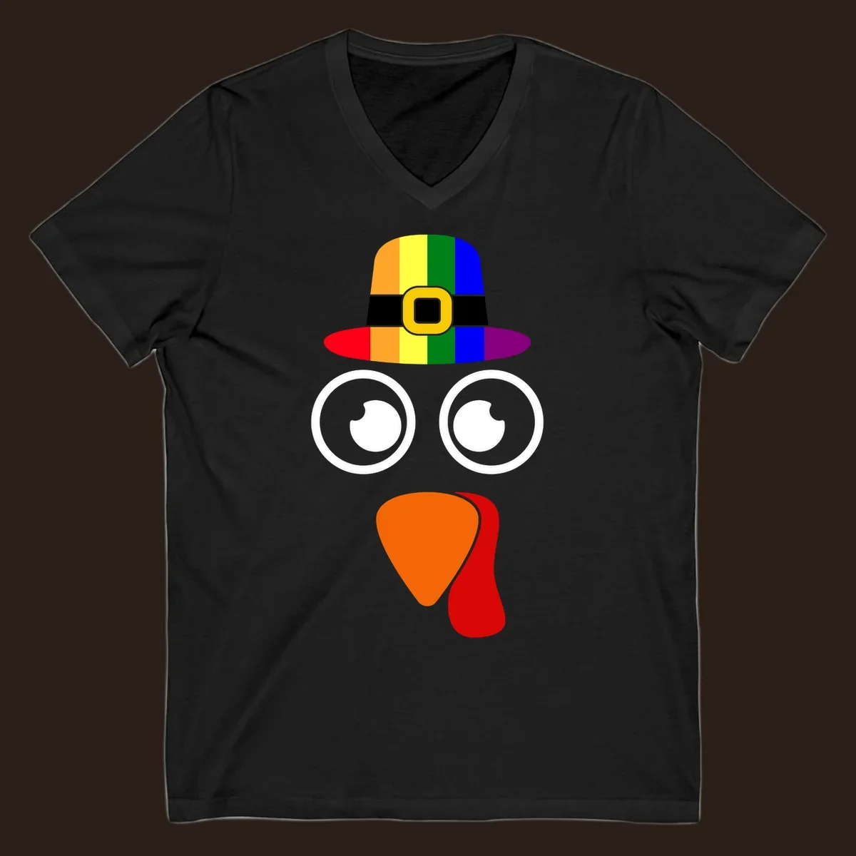 Rainbow turkey face with pilgrim hat, Thanksgiving graphic.