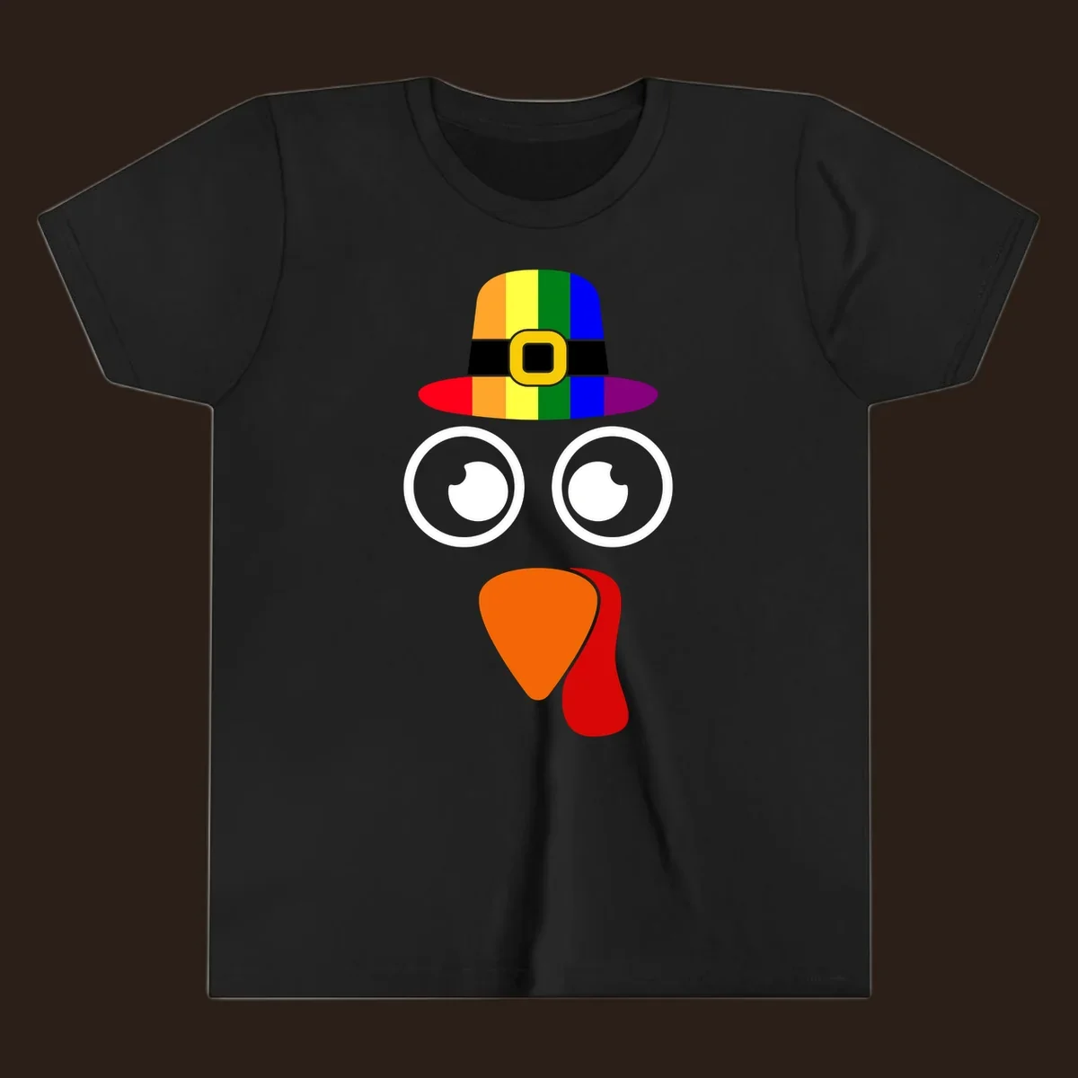Rainbow turkey face with pilgrim hat, Thanksgiving graphic.