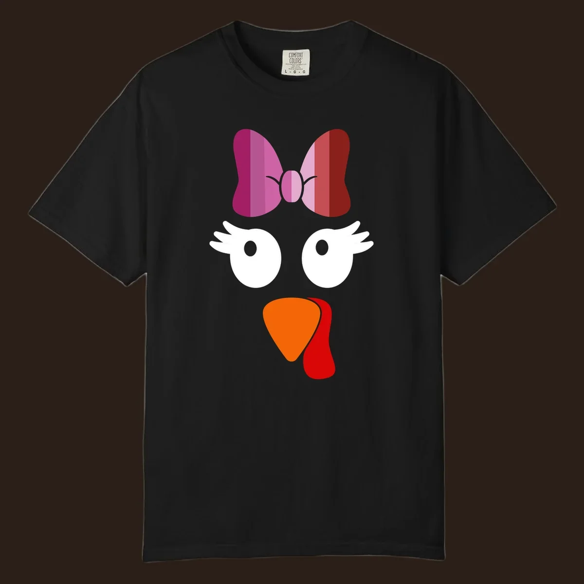 Cute lesbian turkey face with pink and purple bow. Thanksgiving graphic.