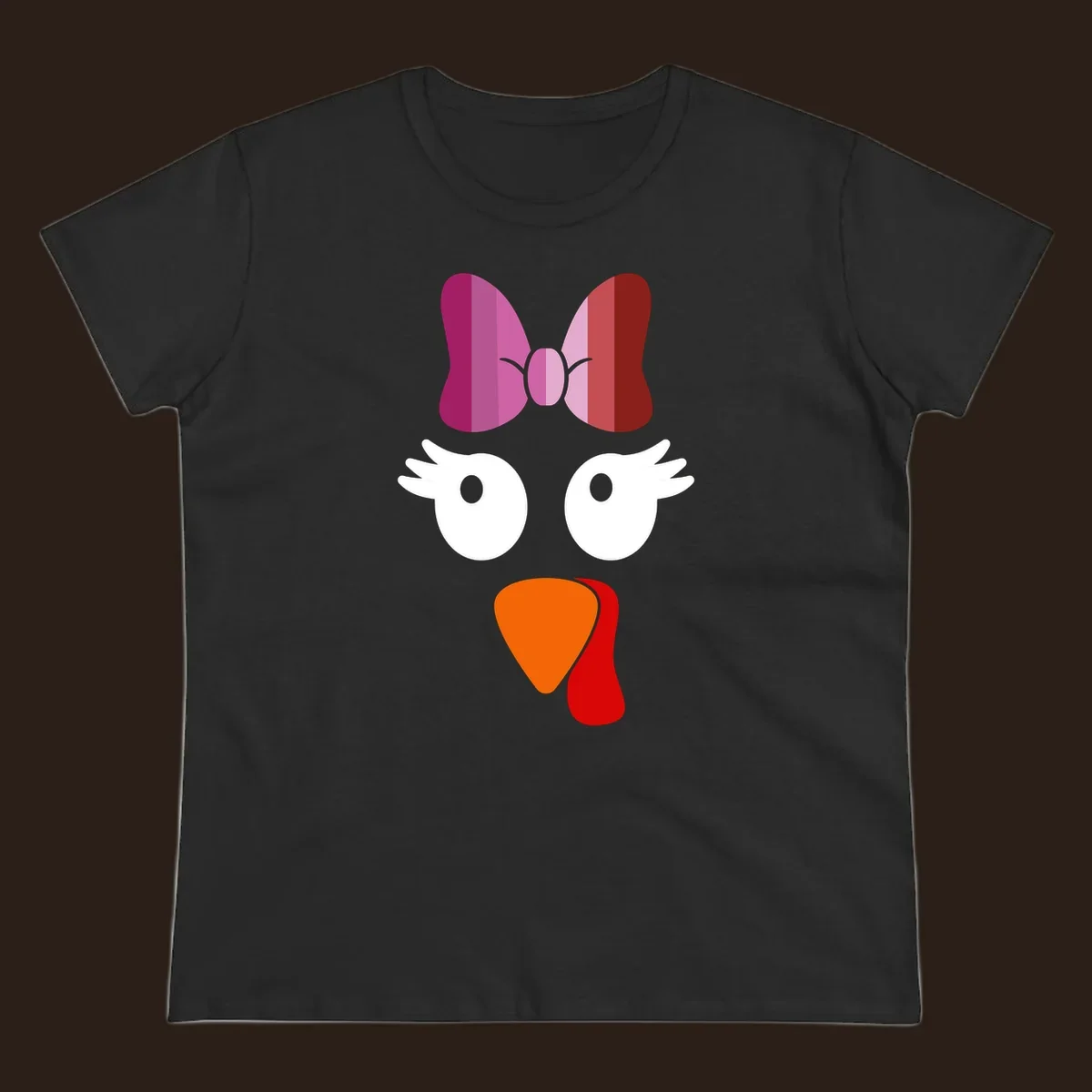 Cute lesbian turkey face with pink and purple bow. Thanksgiving graphic.