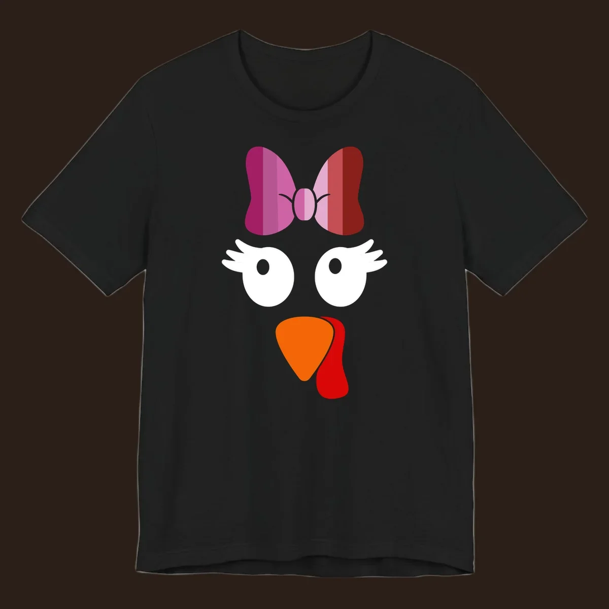 Cute lesbian turkey face with pink and purple bow. Thanksgiving graphic.