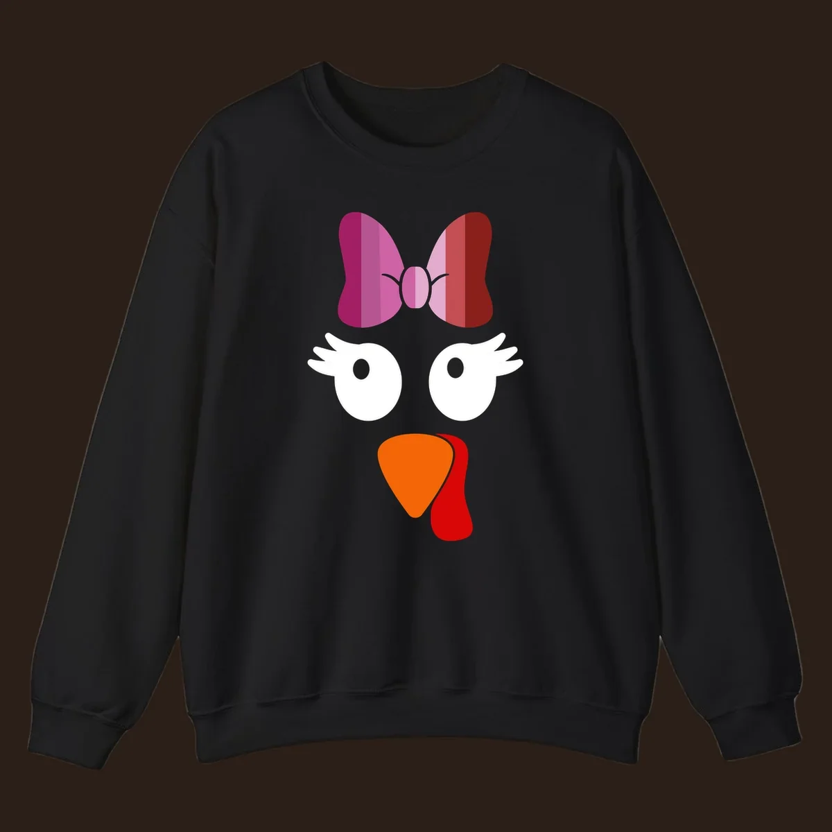 Cute lesbian turkey face with pink and purple bow. Thanksgiving graphic.