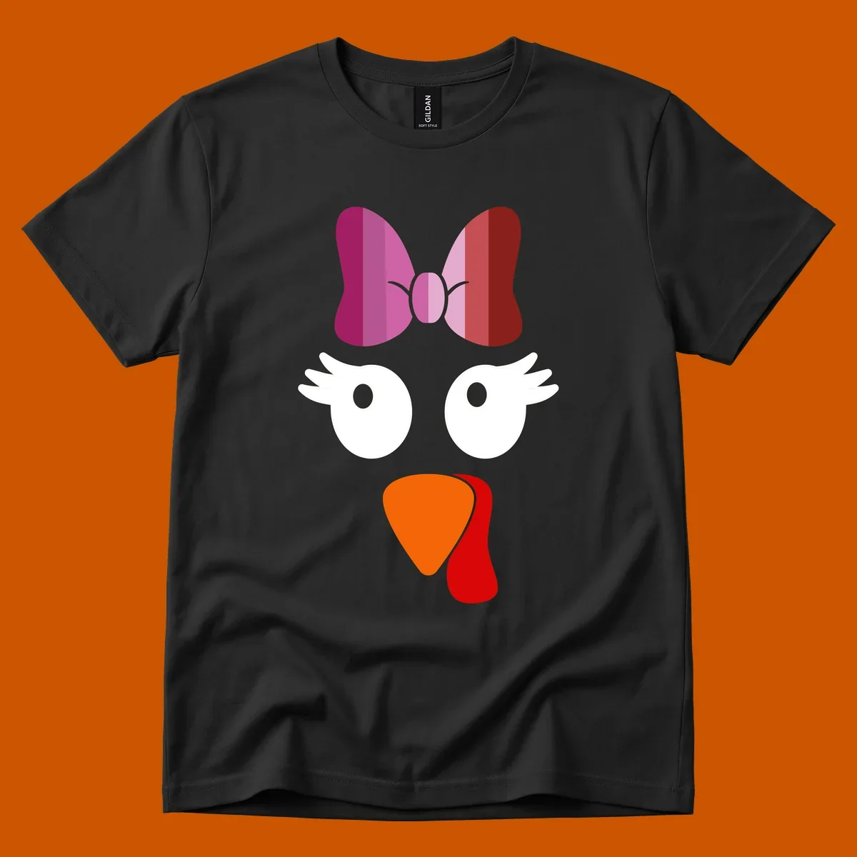 Cute lesbian turkey face with pink and purple bow. Thanksgiving graphic.