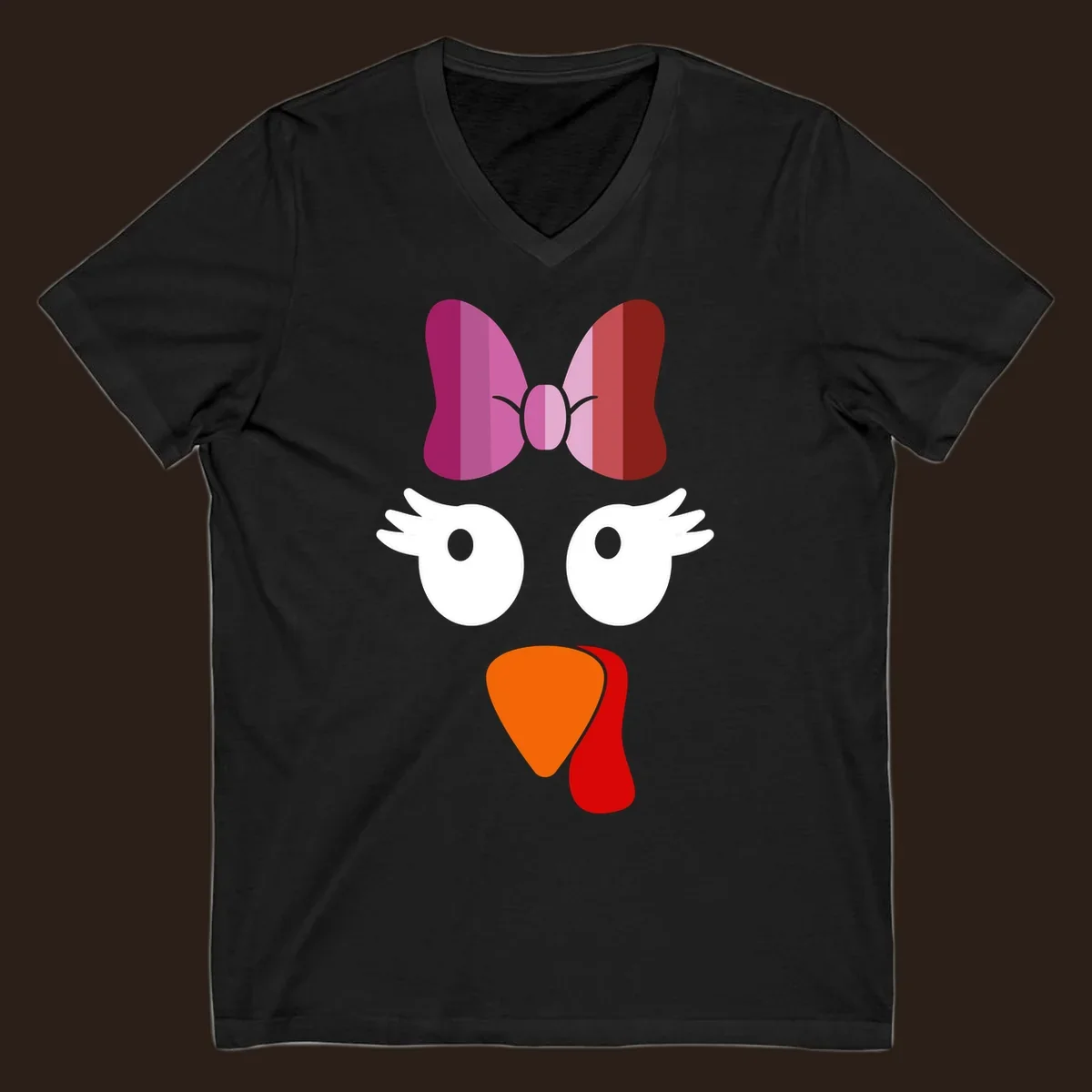 Cute lesbian turkey face with pink and purple bow. Thanksgiving graphic.