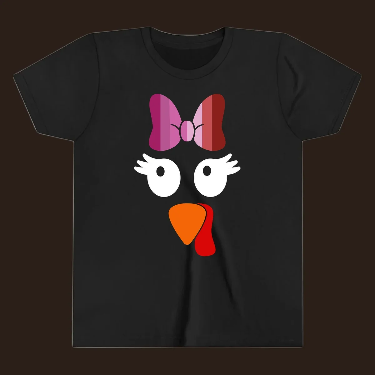 Cute lesbian turkey face with pink and purple bow. Thanksgiving graphic.
