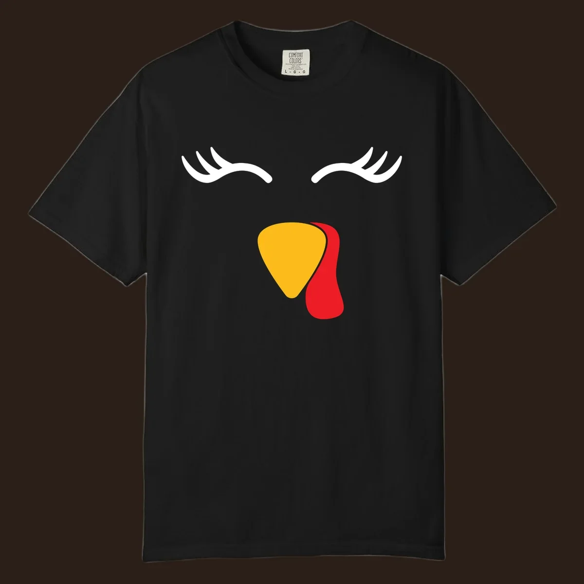 Funny turkey face illustration with white eyelashes and yellow wattle, thanksgiving graphic.
