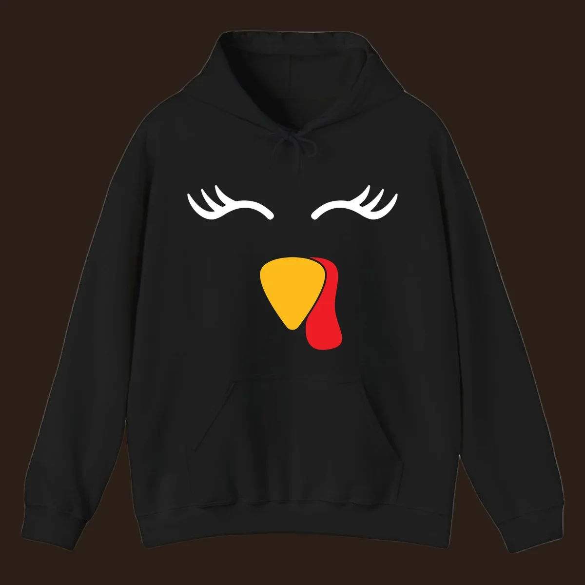Funny turkey face illustration with white eyelashes and yellow wattle, thanksgiving graphic.