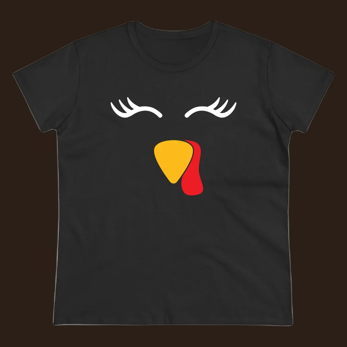 Funny turkey face illustration with white eyelashes and yellow wattle, thanksgiving graphic.