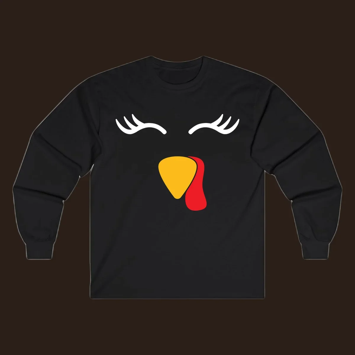 Funny turkey face illustration with white eyelashes and yellow wattle, thanksgiving graphic.