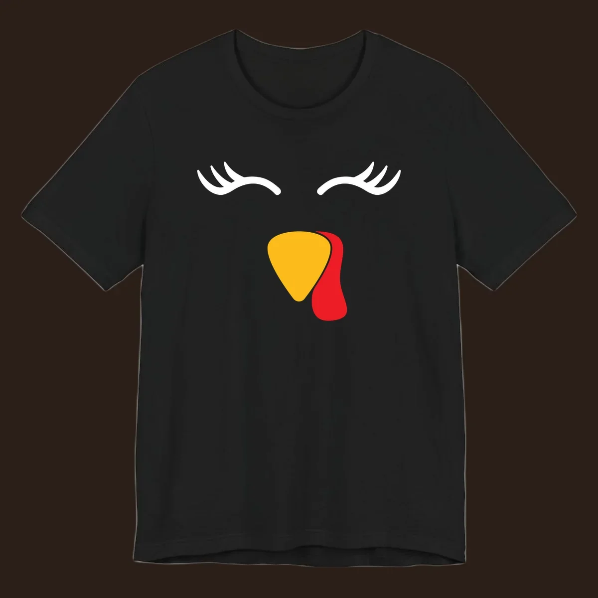 Funny turkey face illustration with white eyelashes and yellow wattle, thanksgiving graphic.