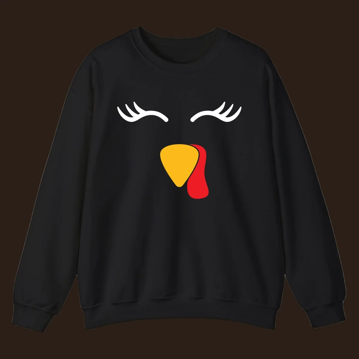 Funny turkey face illustration with white eyelashes and yellow wattle, thanksgiving graphic.