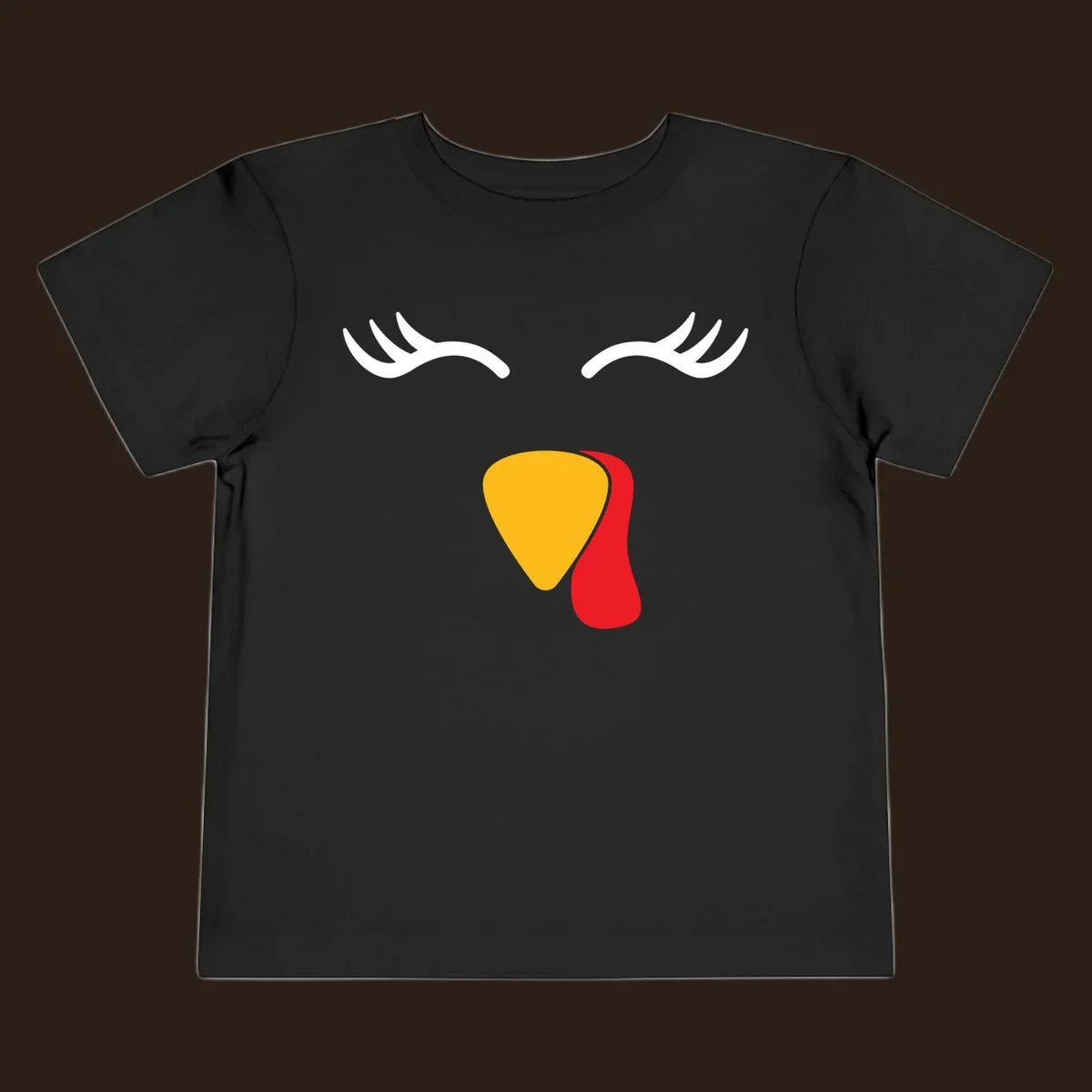 Funny turkey face illustration with white eyelashes and yellow wattle, thanksgiving graphic.