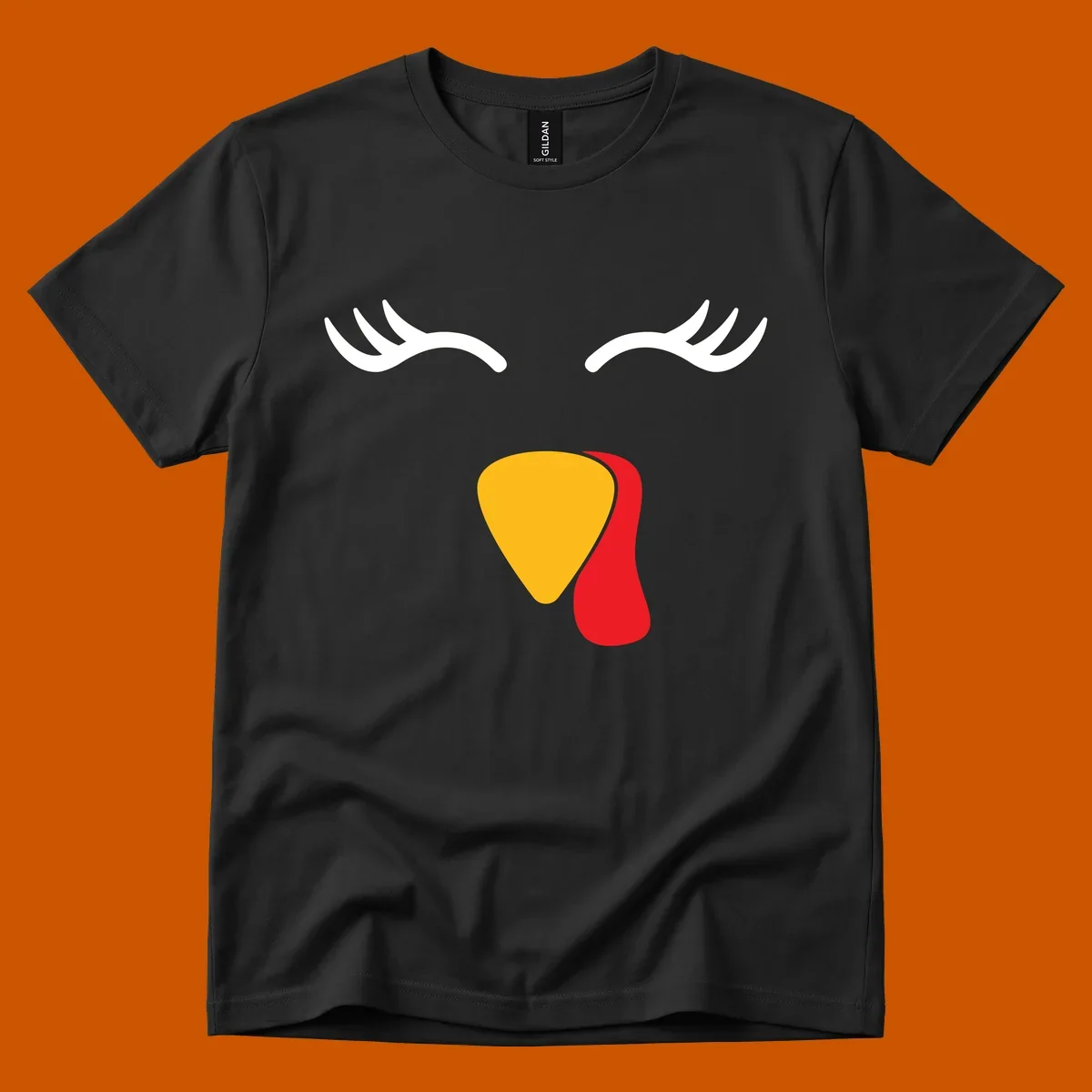 Funny turkey face illustration with white eyelashes and yellow wattle, thanksgiving graphic.