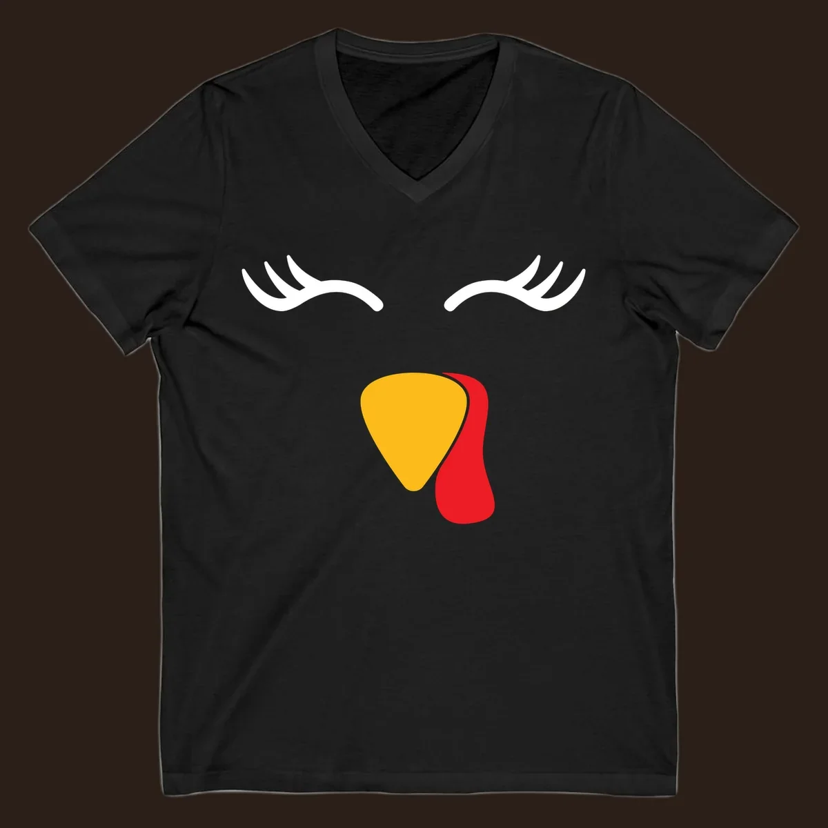 Funny turkey face illustration with white eyelashes and yellow wattle, thanksgiving graphic.