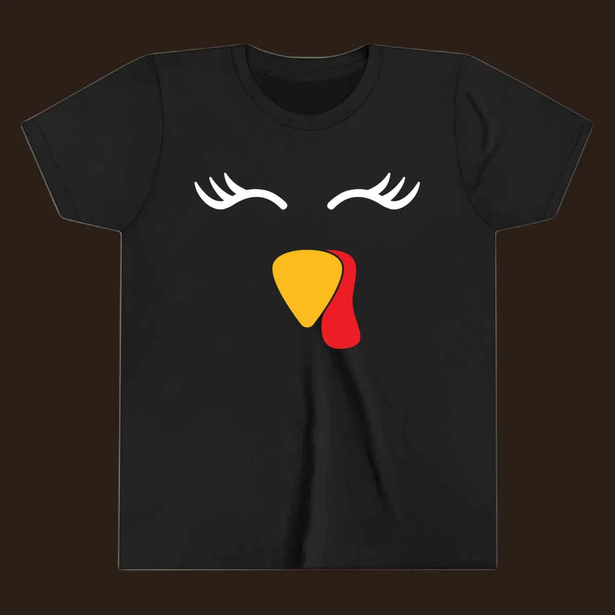 Funny turkey face illustration with white eyelashes and yellow wattle, thanksgiving graphic.