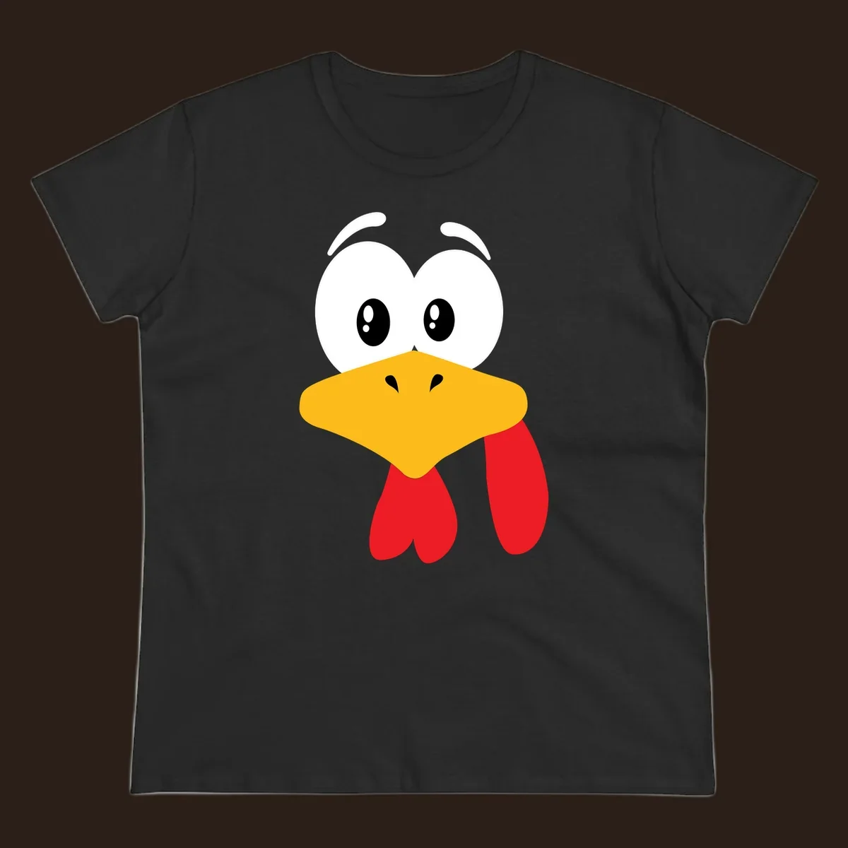 Funny cartoon turkey face graphic with googly eyes and a yellow beak.