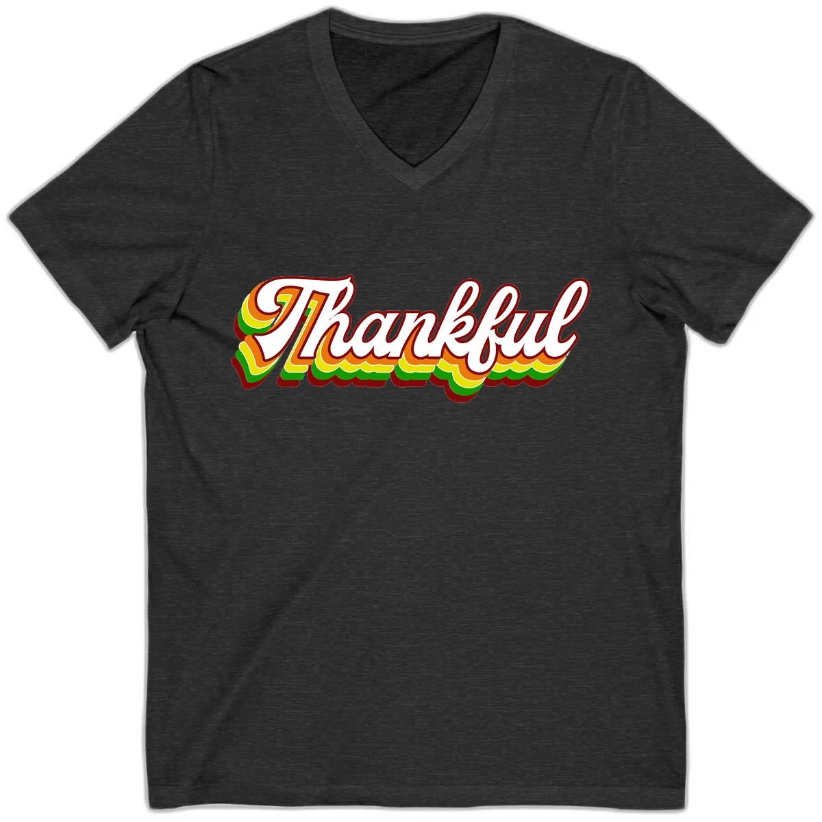 Retro Thankful Script V-Neck in Dark Grey Heather