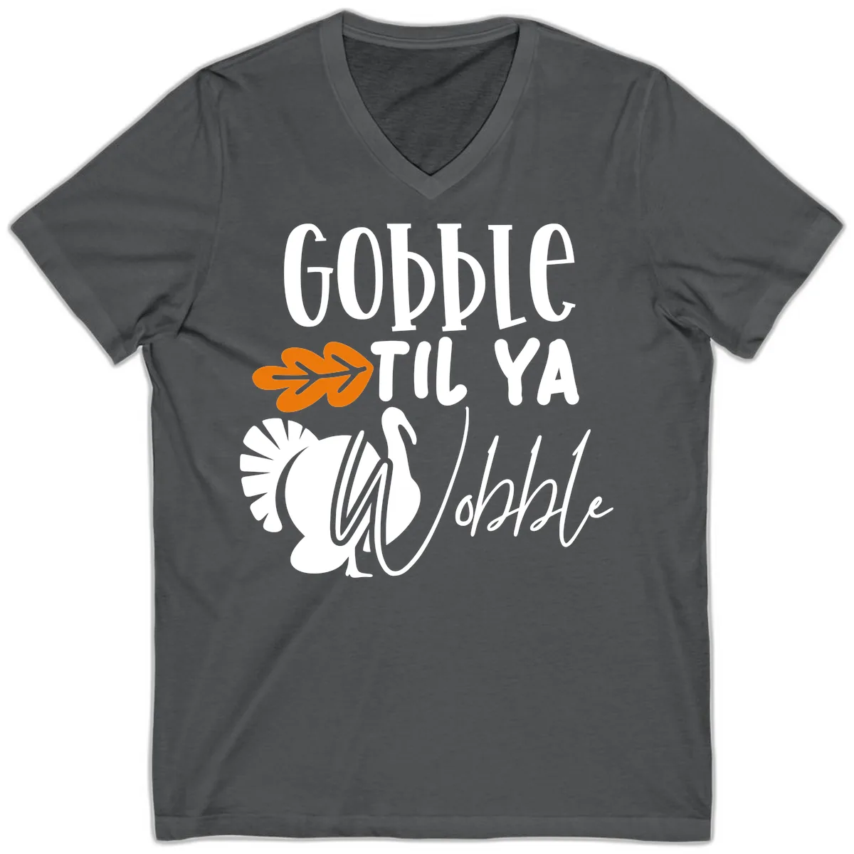 Gobble Til Ya Wobble Turkey Design V-Neck in Asphalt