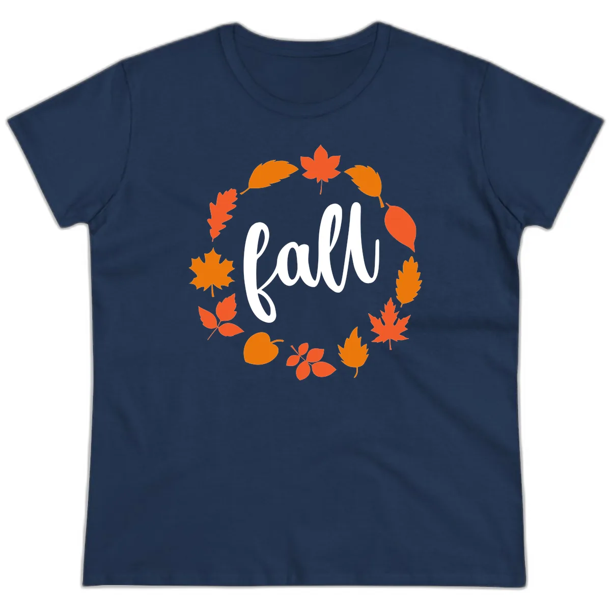 Fall Leaves Wreath Ladies Tee in Navy