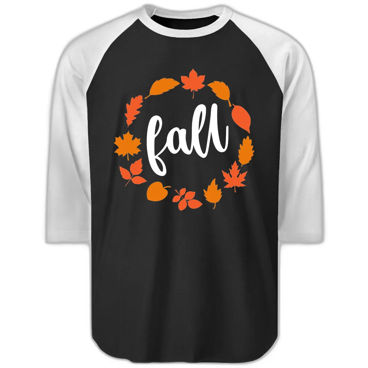 Fall Leaves Wreath Raglan 3/4 in Black White