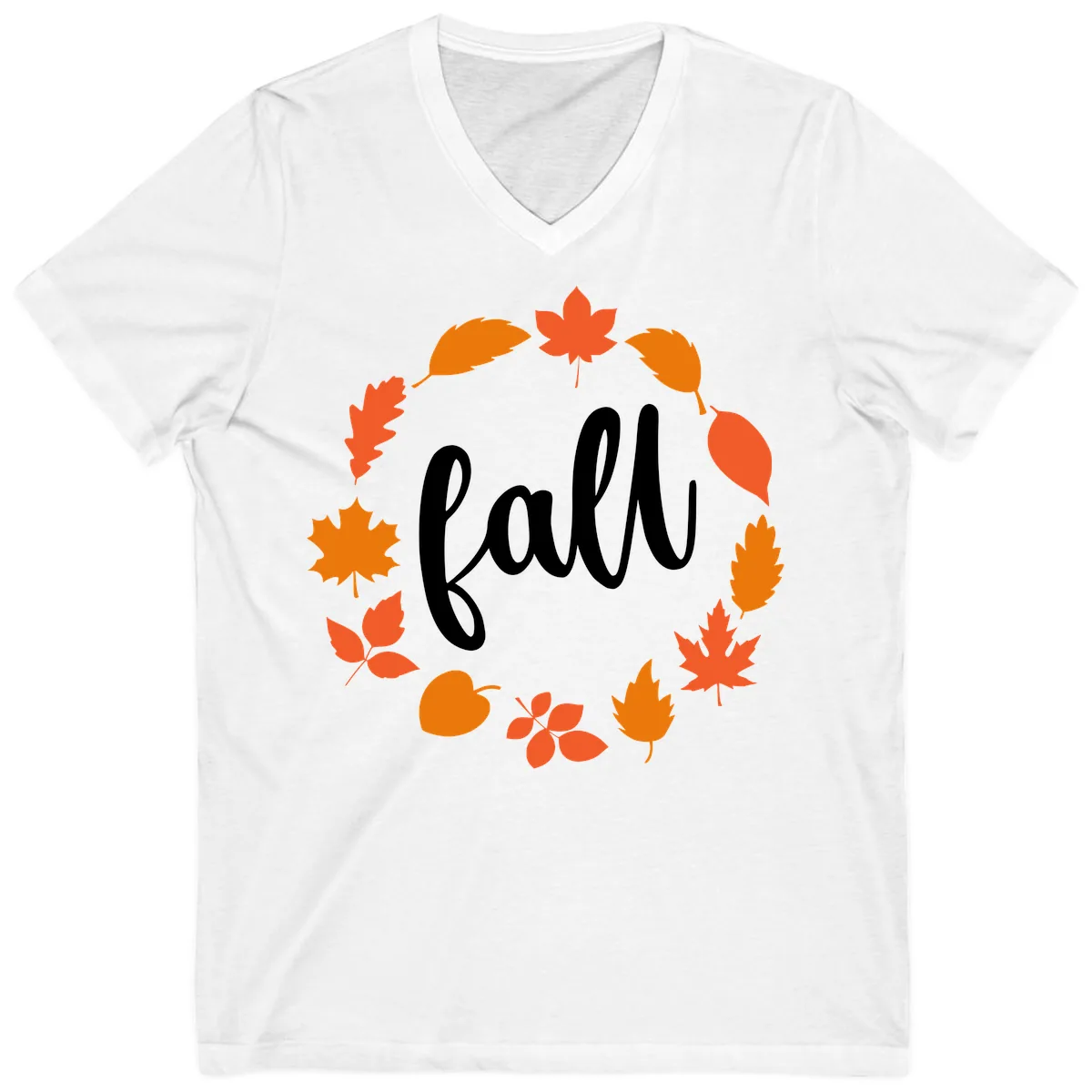 Fall Leaves Wreath V-Neck in White