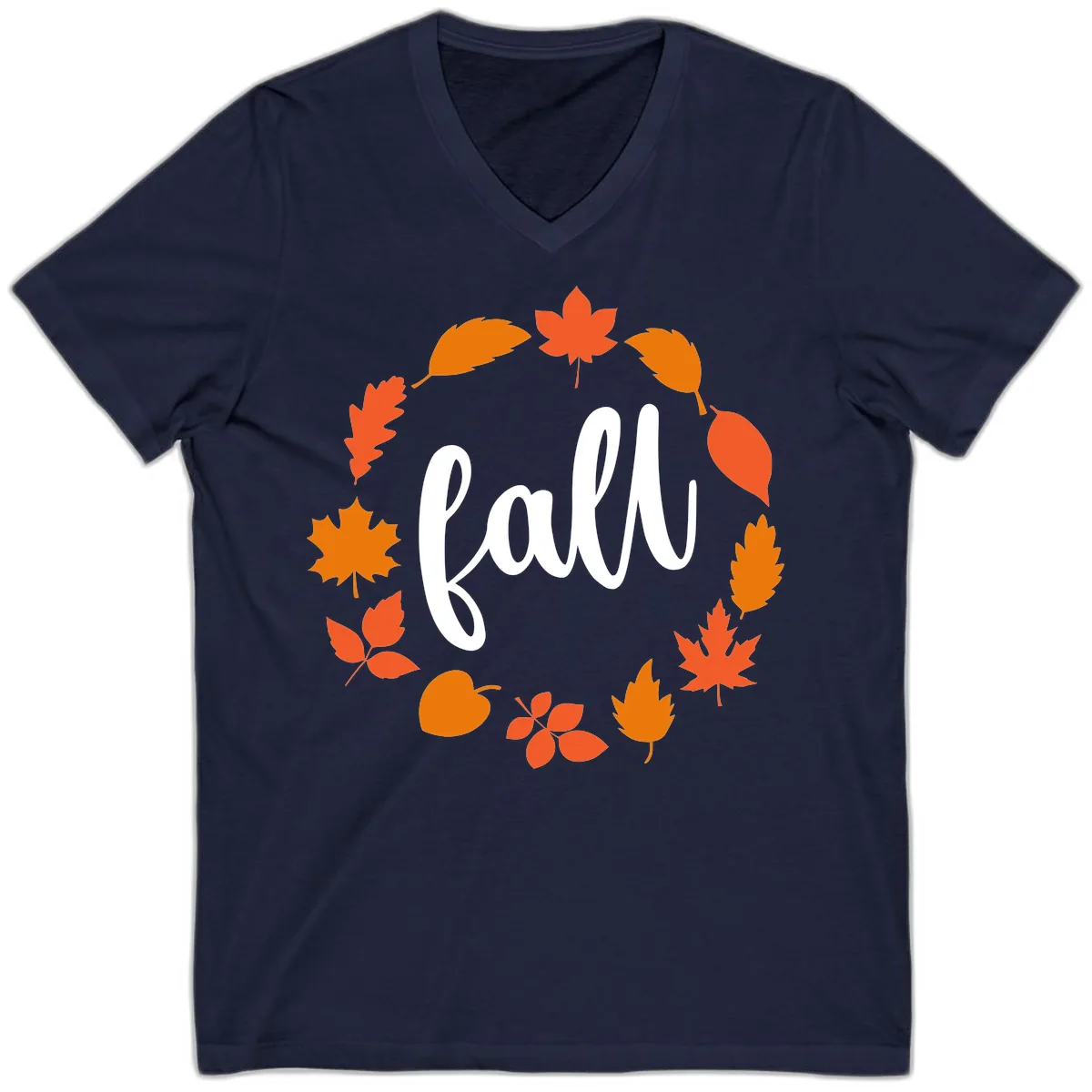 Fall Leaves Wreath V-Neck in Navy