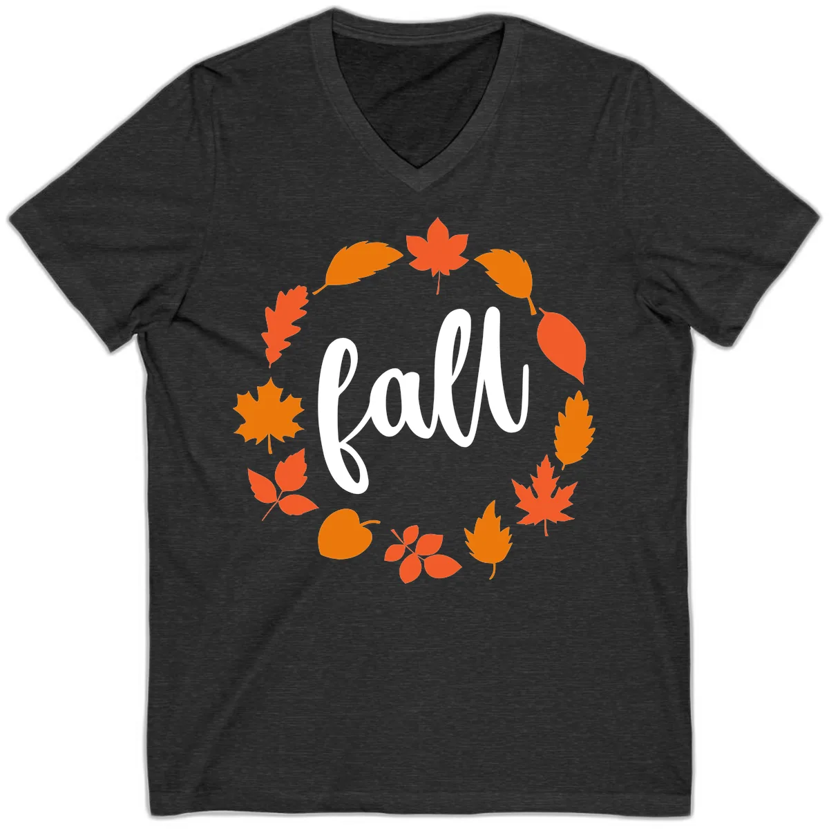 Fall Leaves Wreath V-Neck in Dark Grey Heather