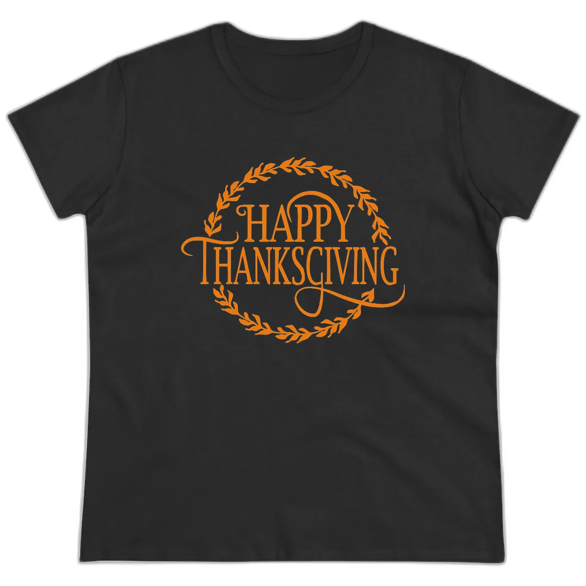 Happy Thanksgiving Wreath Design Ladies Tee in Black