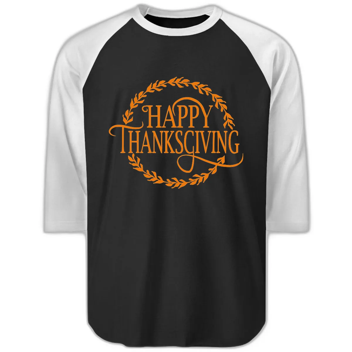 Happy Thanksgiving Wreath Design Raglan 3/4 in Black White