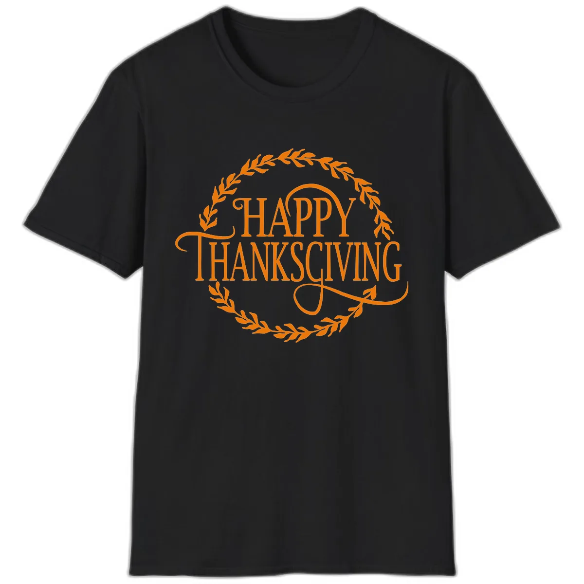 Happy Thanksgiving Wreath Design T-Shirt in Black