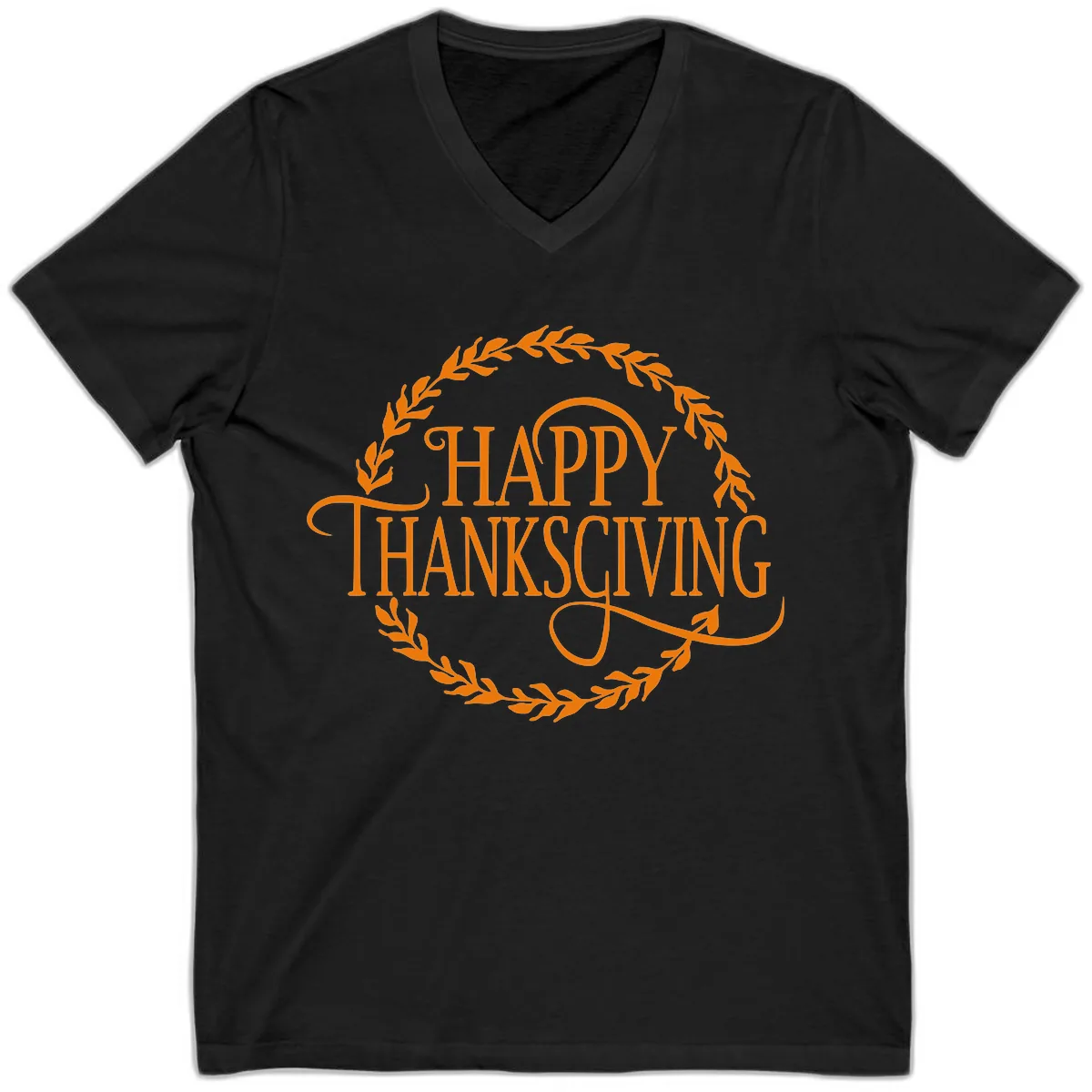 Happy Thanksgiving Wreath Design V-Neck in Black