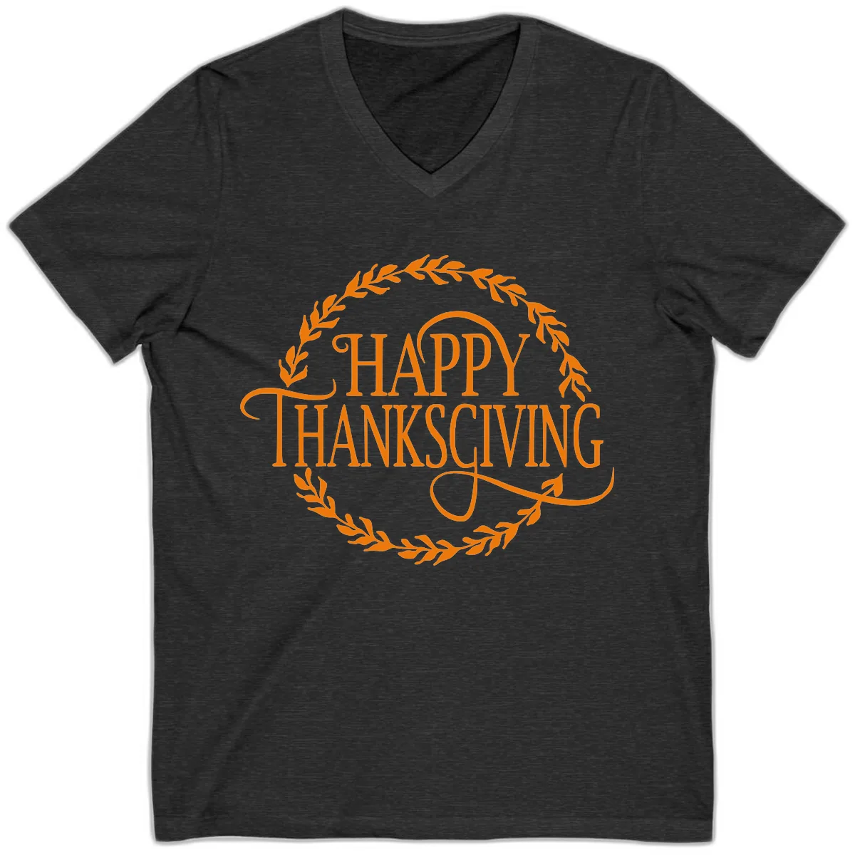 Happy Thanksgiving Wreath Design V-Neck in Dark Grey Heather