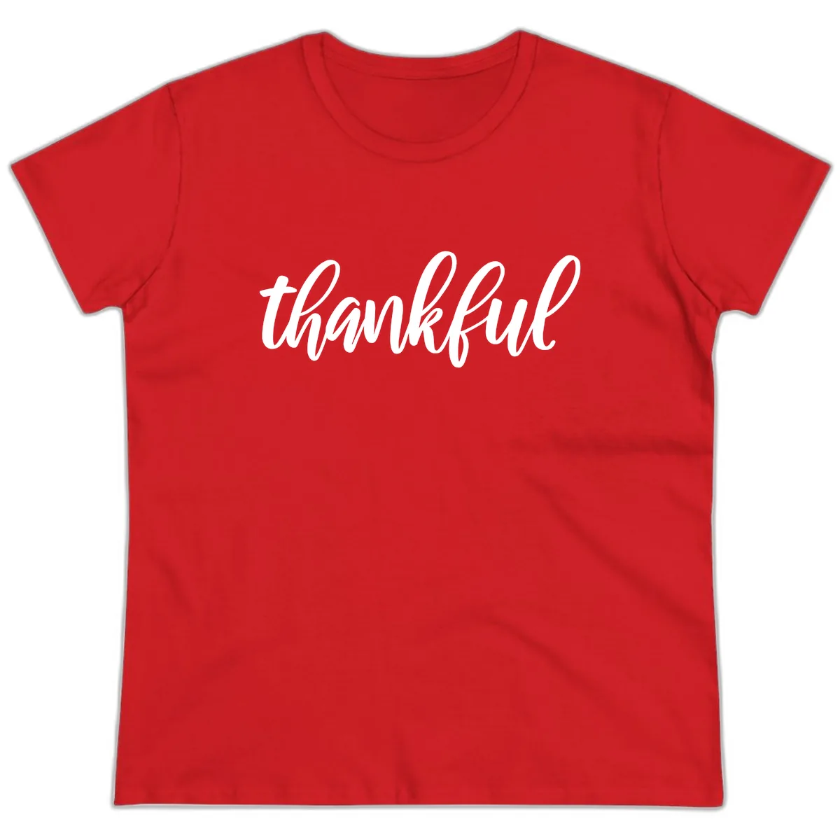 Script Thankful Word Art Ladies Tee in Red