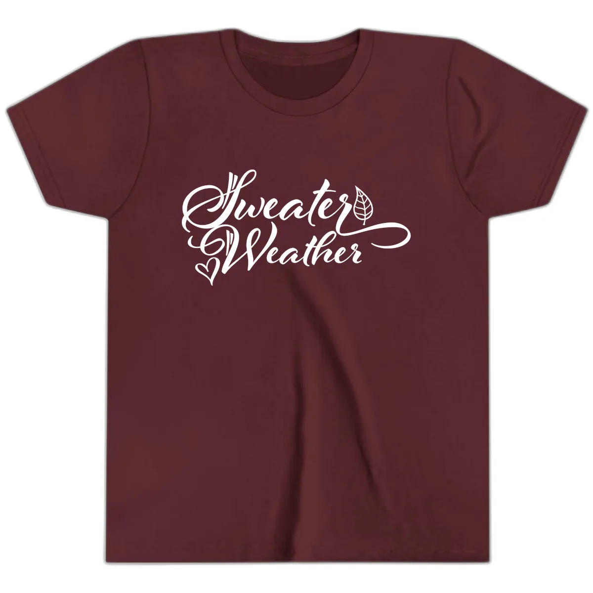 Sweater Weather Script Design Youth T-Shirt in Maroon