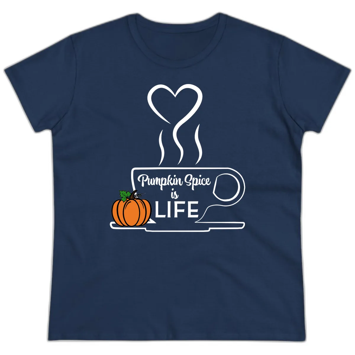 Pumpkin Spice Is Life Coffee Mug Ladies Tee in Navy